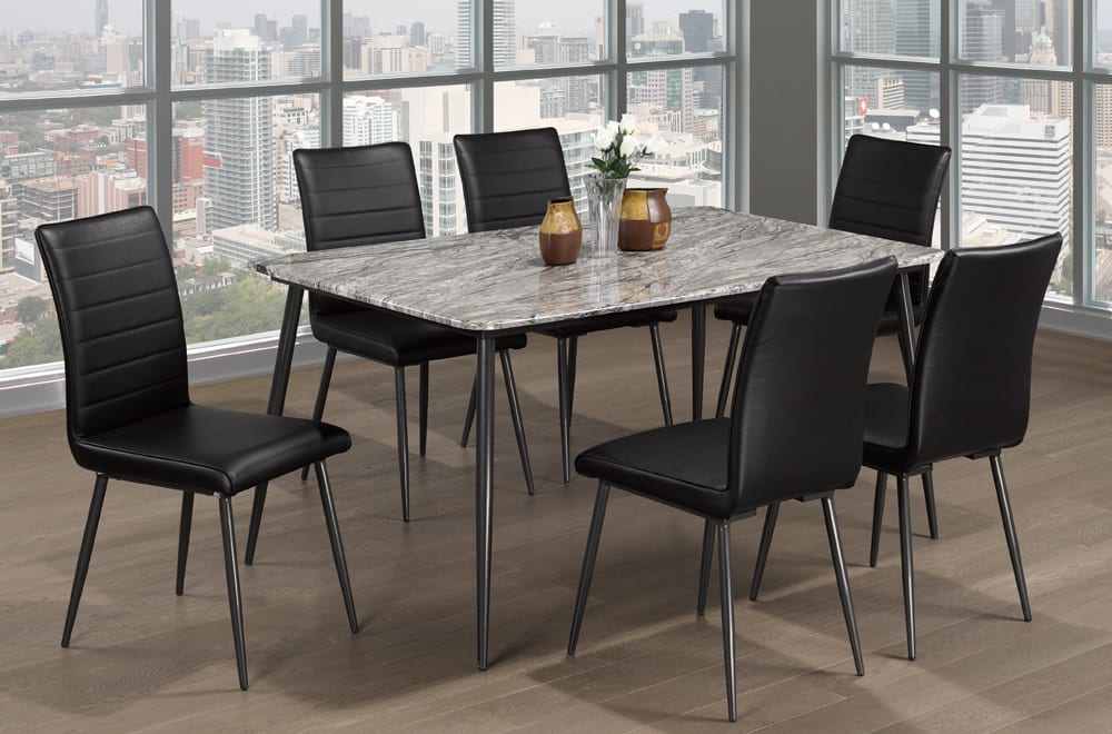 T320 7-piece dining set with high-gloss faux marble table and black leatherette chairs