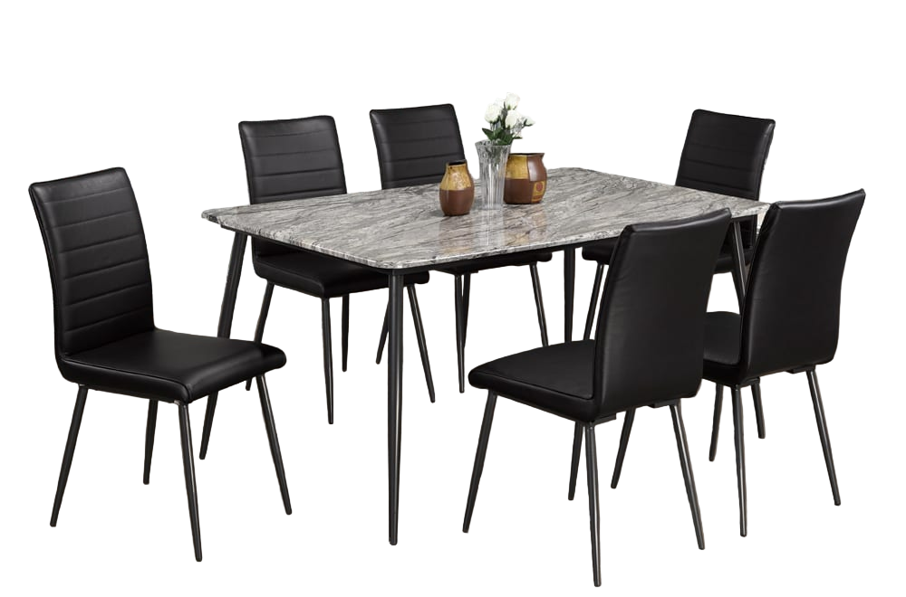 T3207 7-piece dining set with high-gloss faux marble table and black leatherette chairs