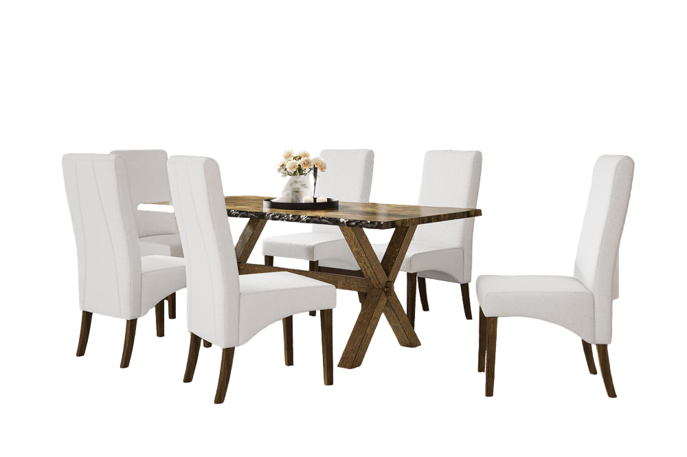 T3036 7-piece-5-piece dining set with solid wood & white boucle fabric chairs and pedestal table in distressed walnut finish