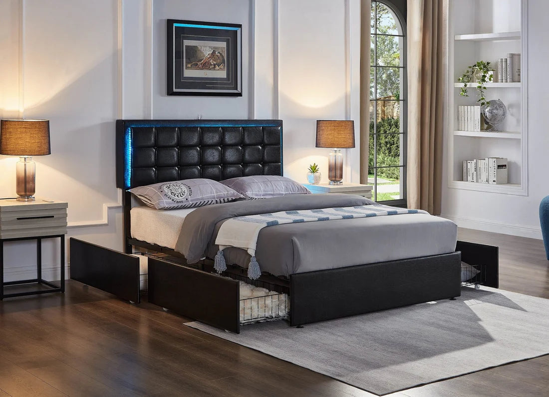 IF5400 PU Platform Bed with LED, Charging Ports & Storage Drawers