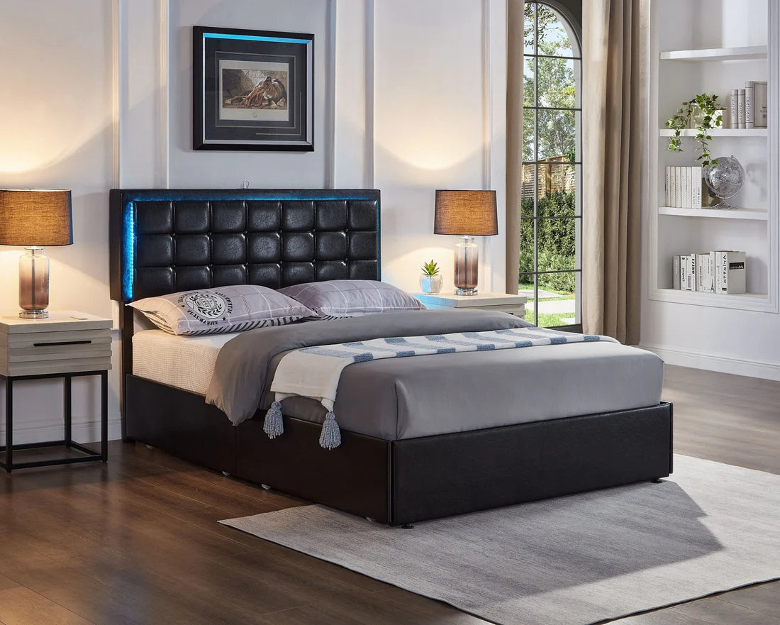 IF5400 PU Platform Bed with LED, Charging Ports & Storage Drawers