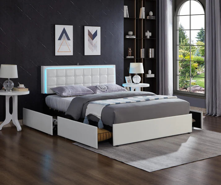 IF5400 PU Platform Bed with LED, Charging Ports & Storage Drawers
