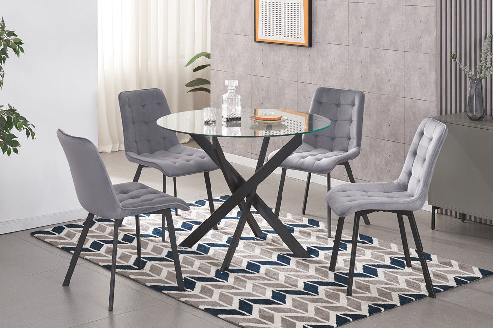 T3461-5-piece-Modern metal dining set with round glass table & grey tufted velvet chairs and black cross-hatch base