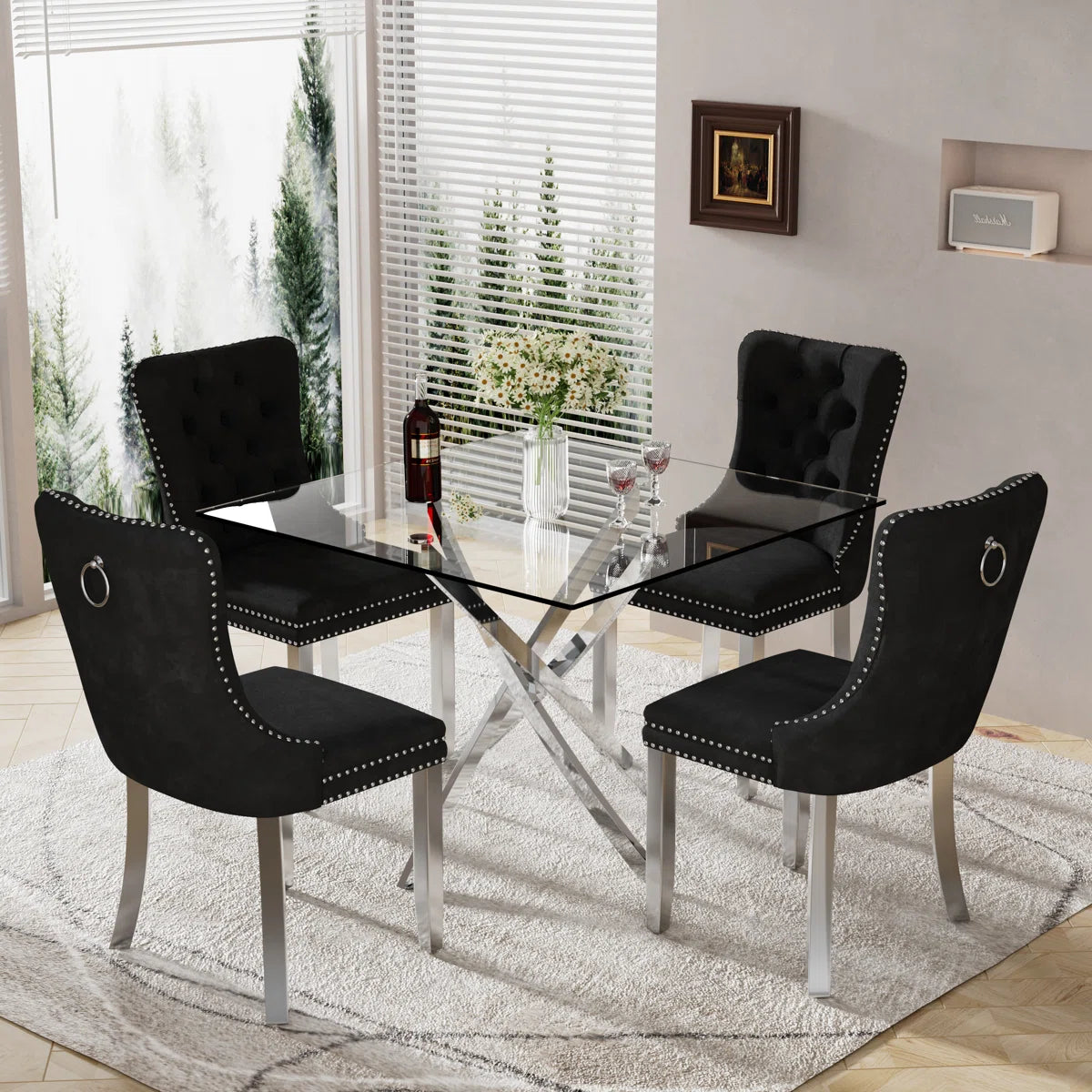 5-piece dining set with thick tempered glass table and cream, Black, grey velvet chairs featuring tufted backs, nailhead trim, and chrome legs.