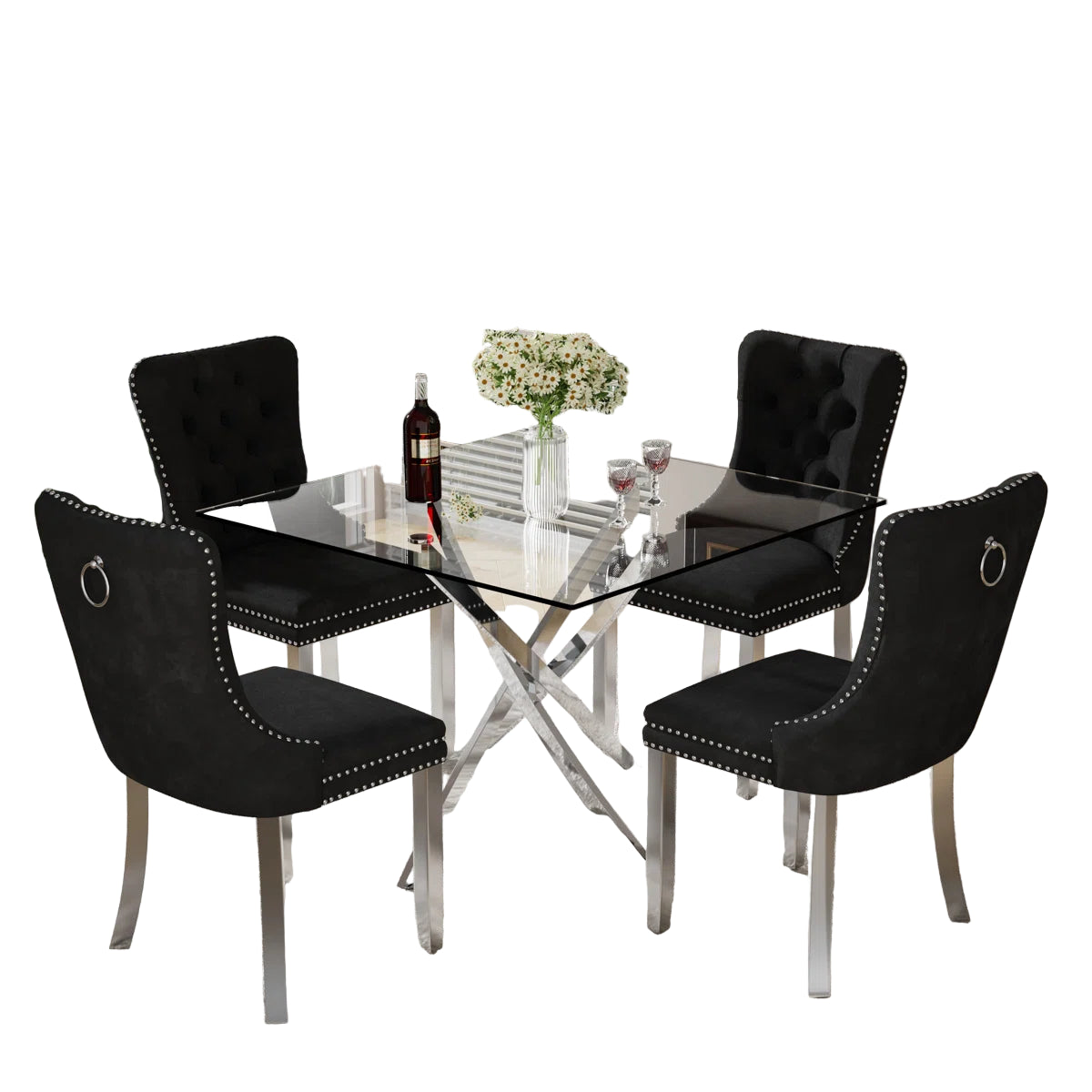 5-piece dining set with thick tempered glass table and cream, Black, grey velvet chairs featuring tufted backs, nailhead trim, and chrome legs.