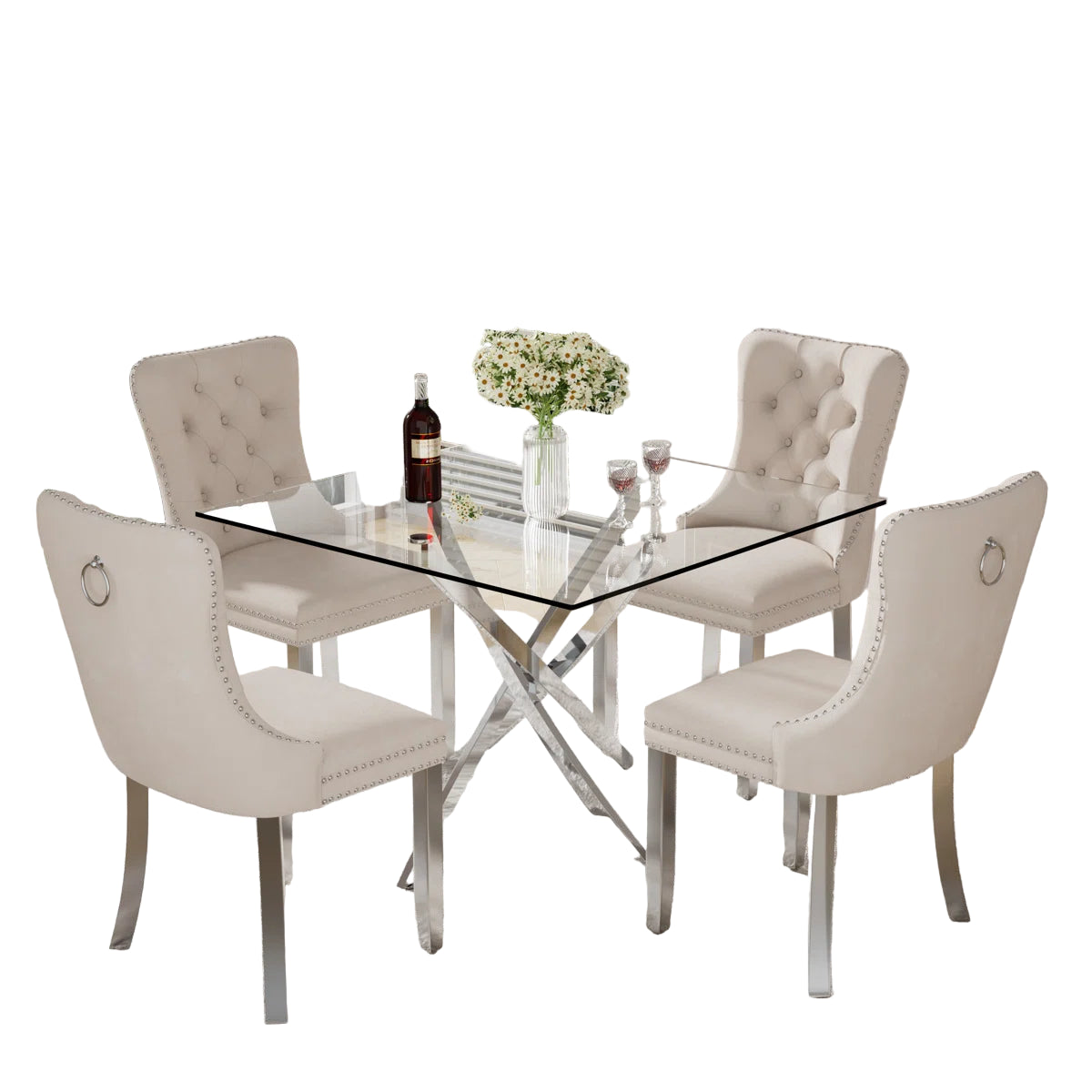 5-piece dining set with thick tempered glass table and cream, Black, grey velvet chairs featuring tufted backs, nailhead trim, and chrome legs.