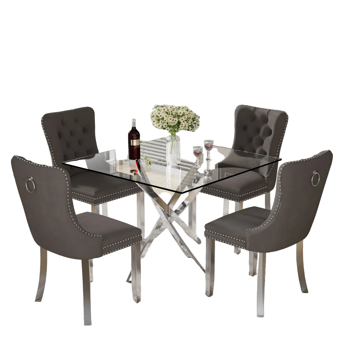 5-piece dining set with thick tempered glass table and cream, Black, grey velvet chairs featuring tufted backs, nailhead trim, and chrome legs.