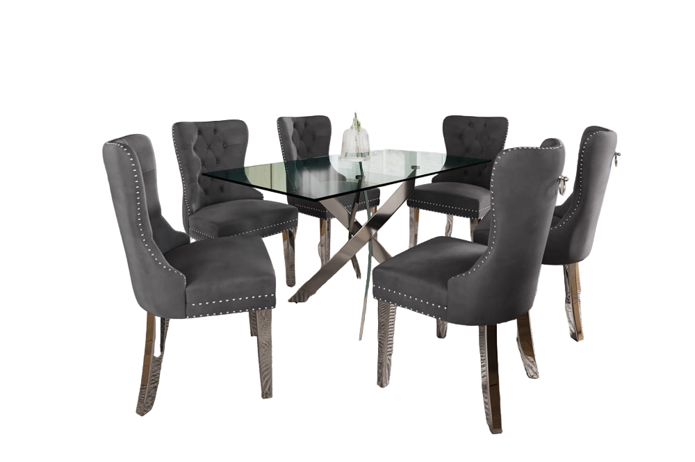 7-piece dining set with thick tempered glass table and cream, Black, grey velvet chairs featuring tufted backs, nailhead trim, and chrome legs.