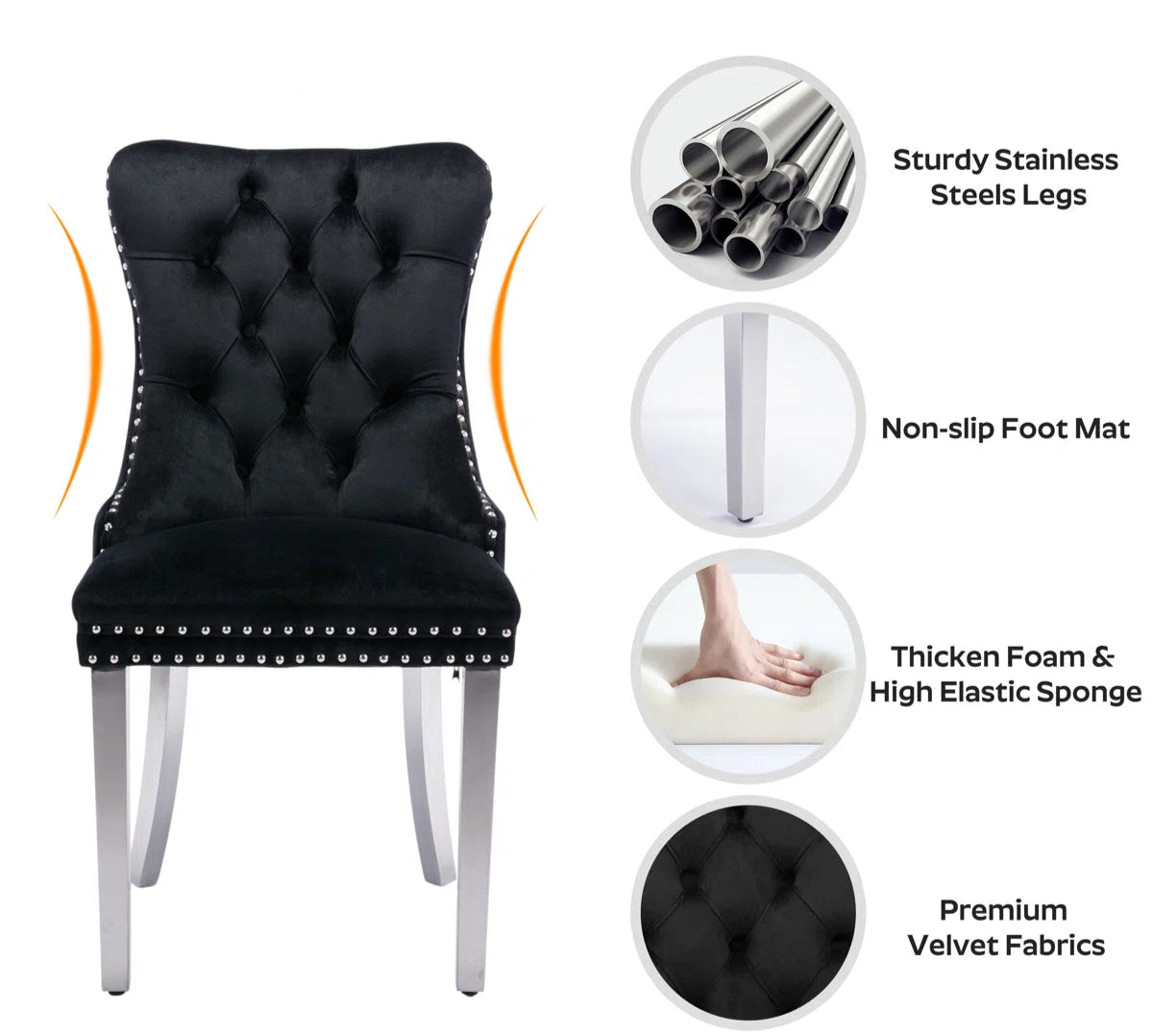 black tufted dining chair with sturdy legs metal legs velvet fabric chair