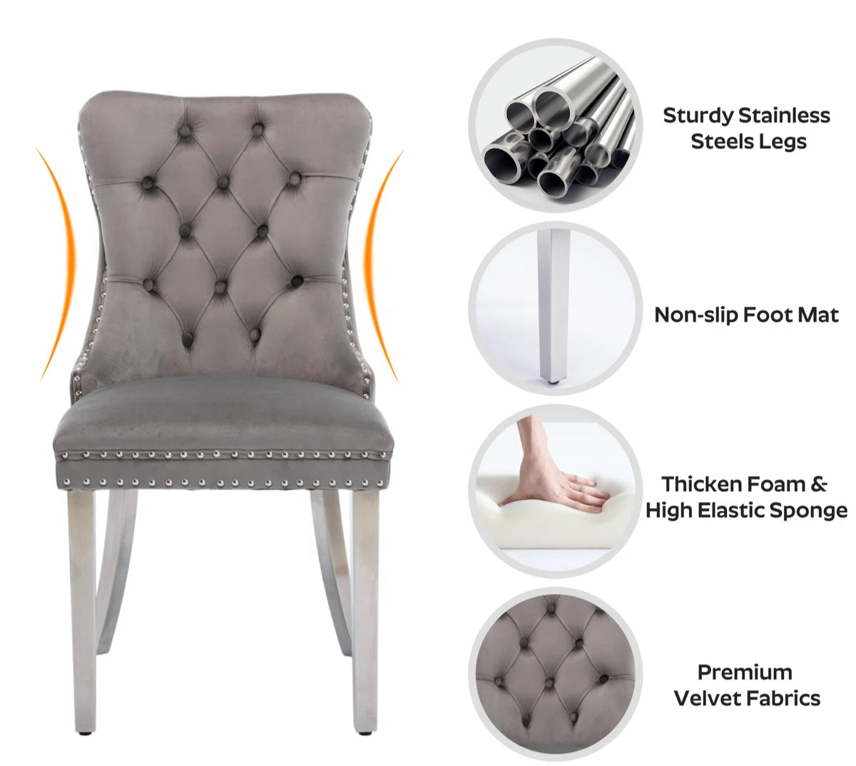 Gray tufted dining chair with sturdy legs metal legs velvet fabric chair