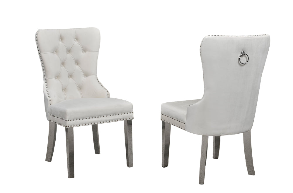 Tufted back velvet fabric Dining Chair with chrome Finish metal legs Cream T247
