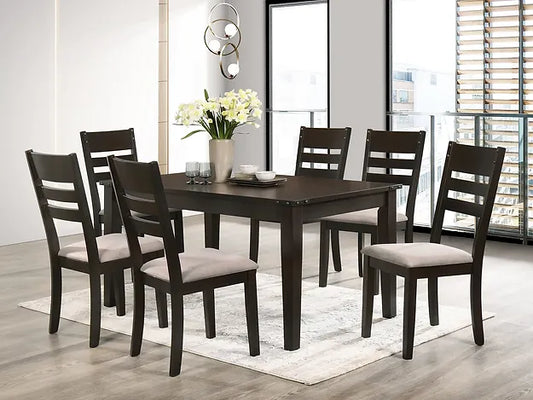 T-1090-c-1092-7PC-Dining-Set-with-Wooden-Table-Creme-Fabric-Chair