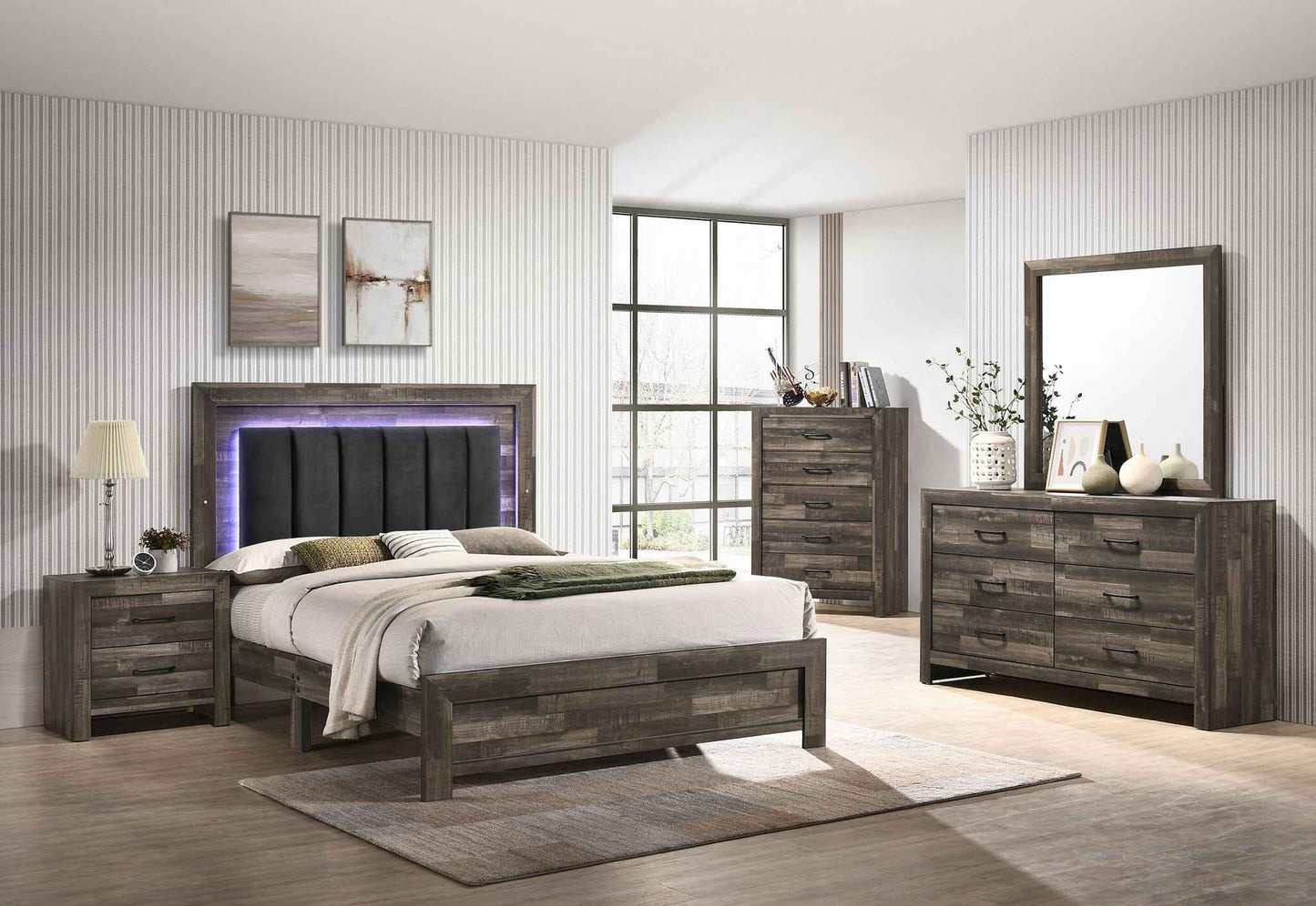 Modern Style Wooden Bedroom set with LED Light - Brown Finish