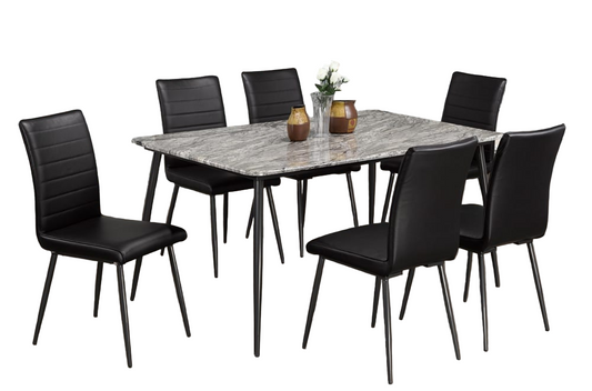 T3207 7-piece dining set with high-gloss faux marble table and black leatherette chairs