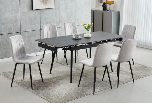 T-1472-C-1473-7PC-Dining-Set-with-Extendable-Marble-Table-Light-Grey-Chair