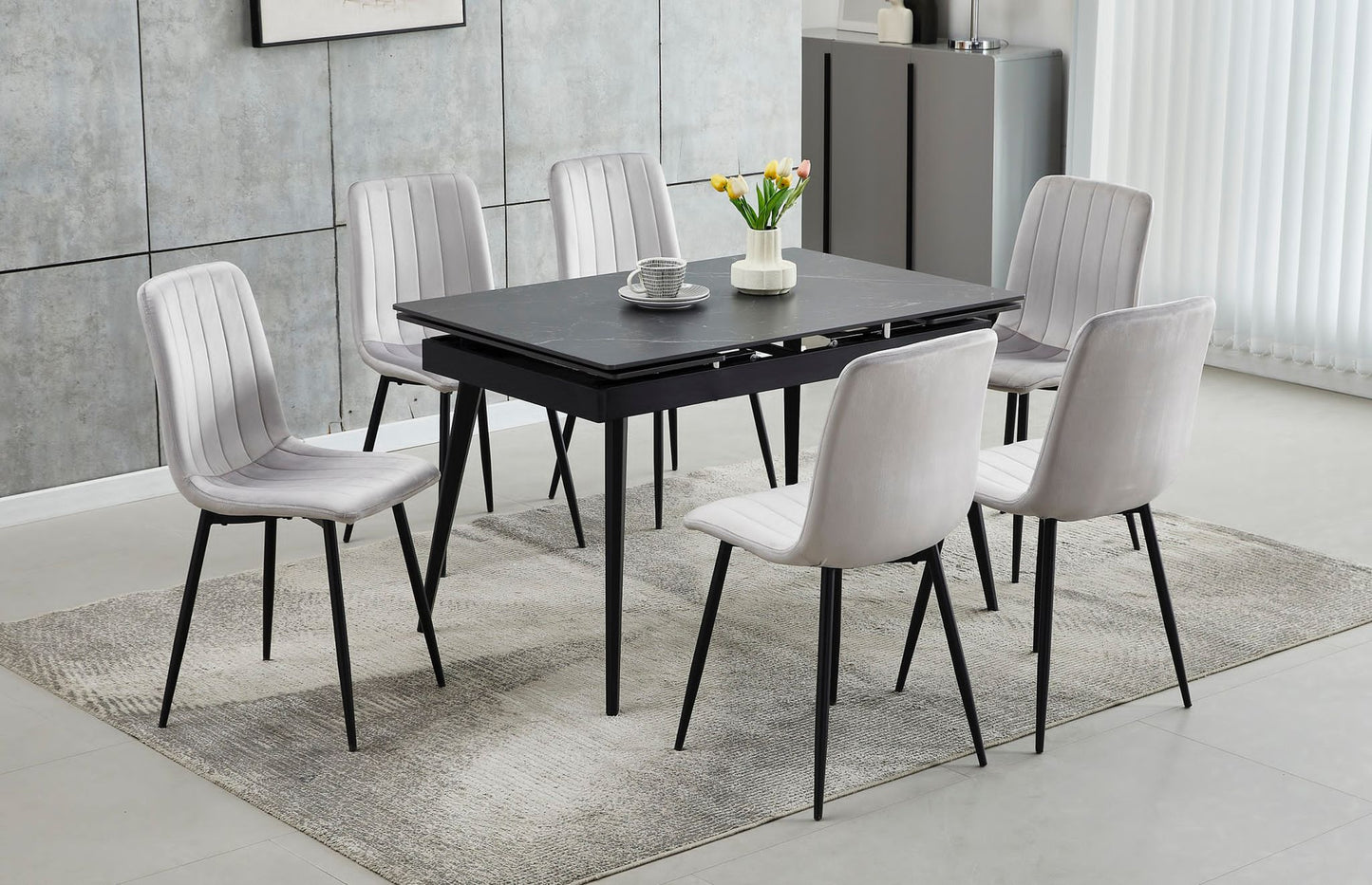 T-1472-C-1473-7PC-Dining-Set-with-Extendable-Marble-Table-Light-Grey-Chair