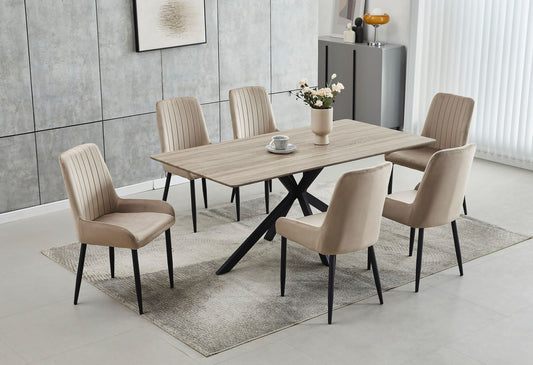 T-1510-C-1511-7PC-Dining-Set-with-Wood-Table-Beige-Velvet-Chair