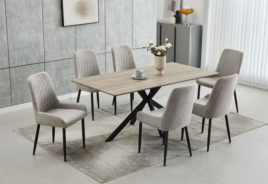 T-1510-C-1512-7PC-Dining-Set-with-Wood-Table-Grey-Fabric-Chair