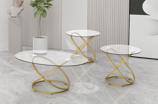 T5019 - 3 PC Glass Coffee Table Set - Gold