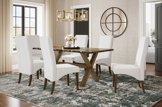 T3036 7-piece dining set with solid wood & white boucle fabric chairs and pedestal table in distressed walnut finish