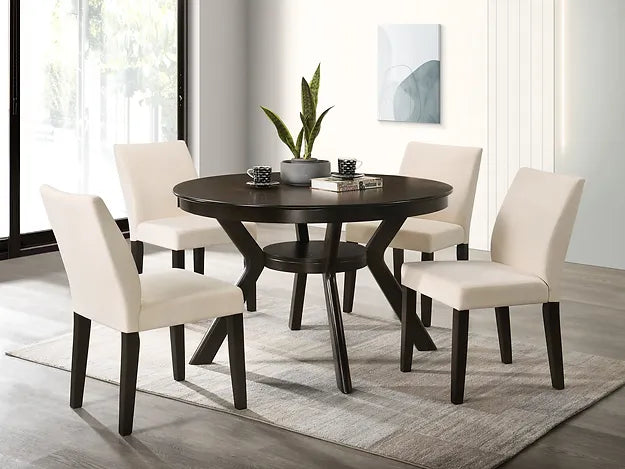 T-1085-c-1085Cr-5PC-Dining-Set-with-Round-Wooden-Table-Creme-Fabric-Chair