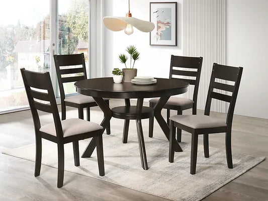 T-1085-c-1092Es-5PC-Dining-Set-with-Round-Wooden-Table-Espresso-Wooden-Chair-Creme-Seat