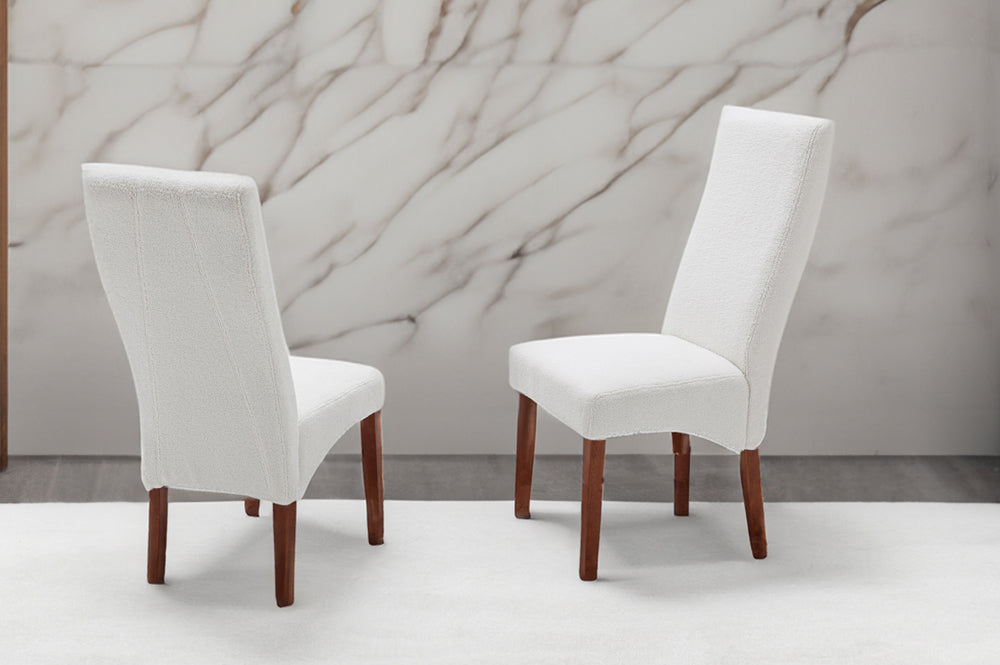 T241 White Dining chair with white boucle fabric seats & wooden legs chair