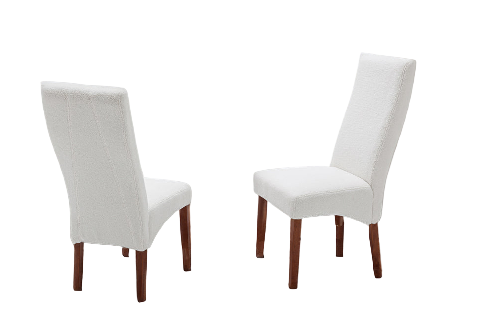 T241 White Dining chair with white boucle fabric seats & wooden legs chair
