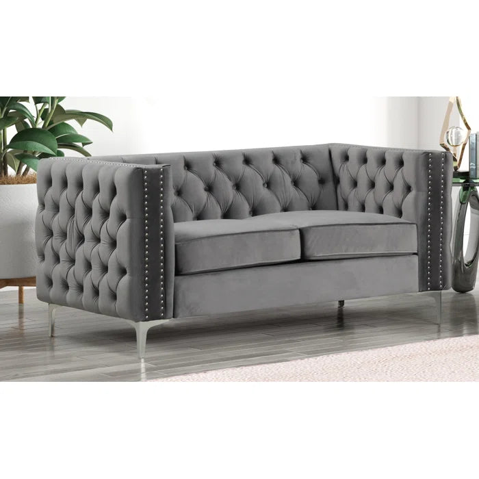 IF-8006-Grey-velvet-fabric-sofa-loveseat-with-depp-tufting