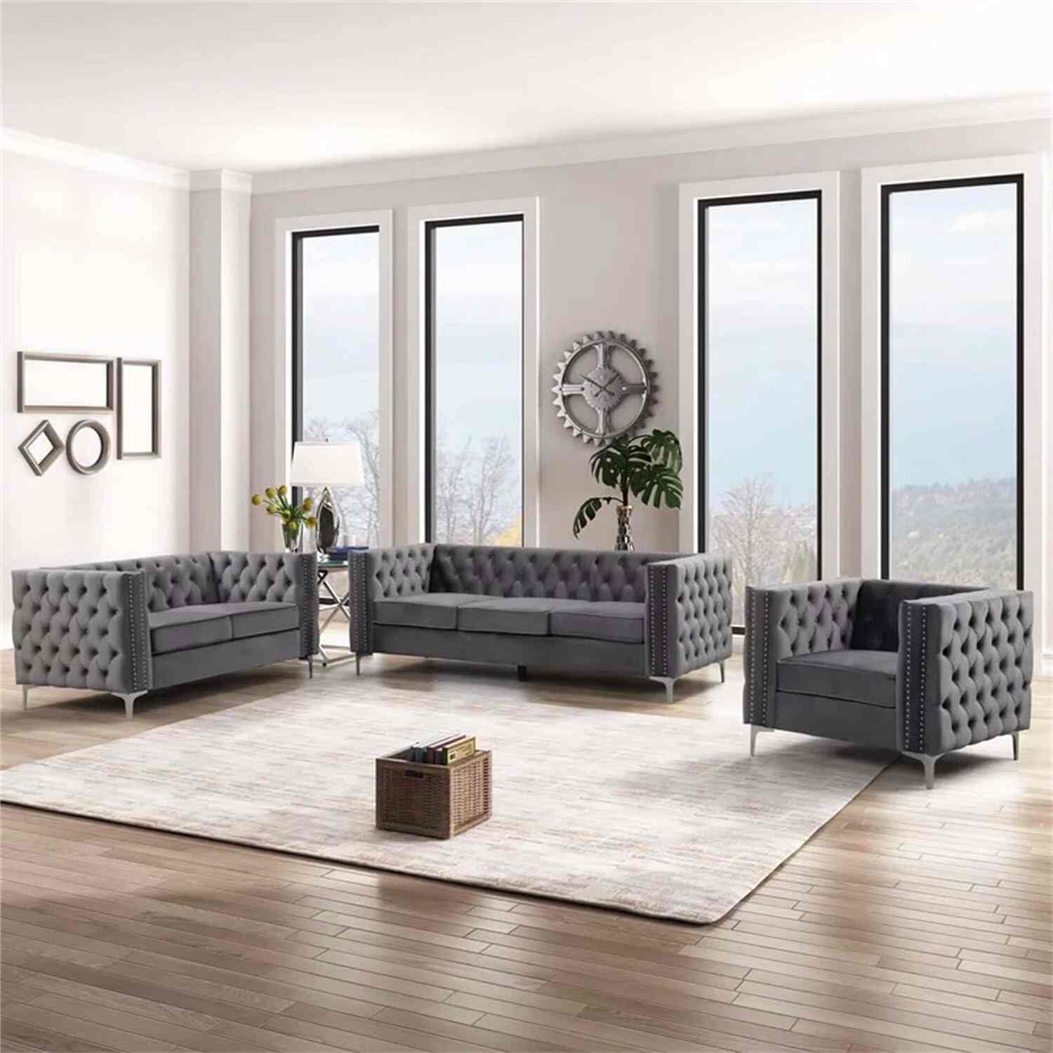 IF-8006-3pcs-Grey-velvet-fabric-sofa-set-with-depp-tufting