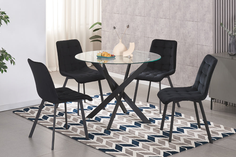 T3461-5-piece-Modern metal dining set with round glass table & black tufted velvet chairs and black cross-hatch base
