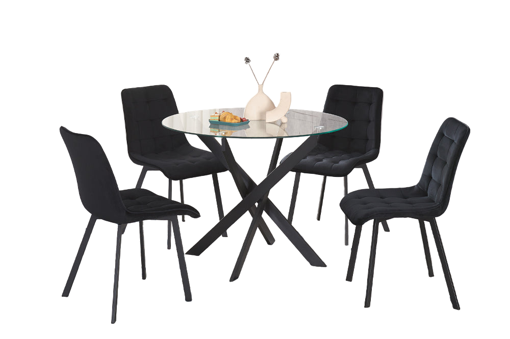 T3461-5-piece-Modern metal dining set with round glass table & black tufted velvet chairs and black cross-hatch base
