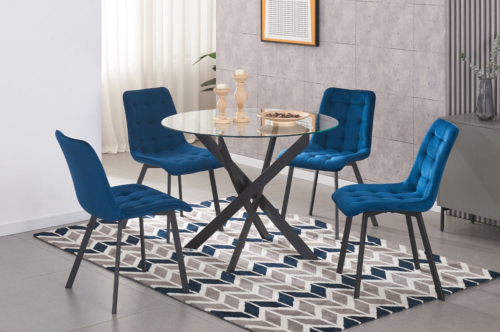 T3461-5-piece-Modern metal dining set with round glass table & blue tufted velvet chairs and black cross-hatch base