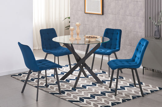 T3461-5-piece-Modern metal dining set with round glass table & blue tufted velvet chairs and black cross-hatch base