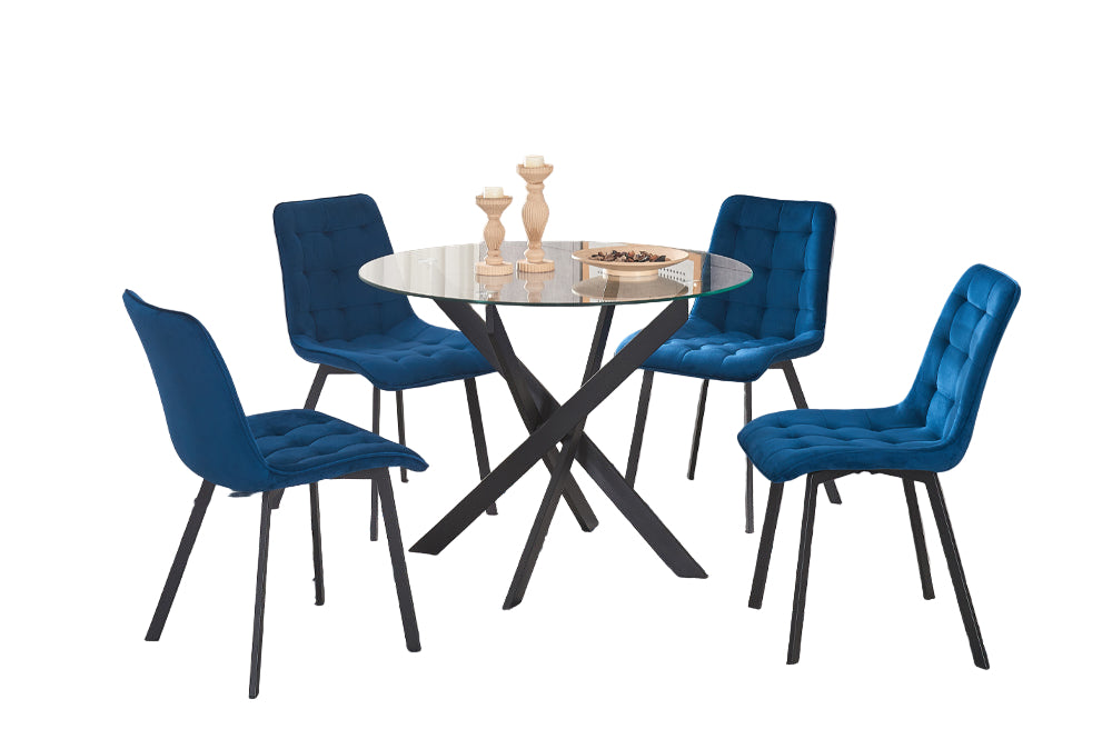 T3461-5-piece-Modern metal dining set with round glass table & blue tufted velvet chairs and black cross-hatch base