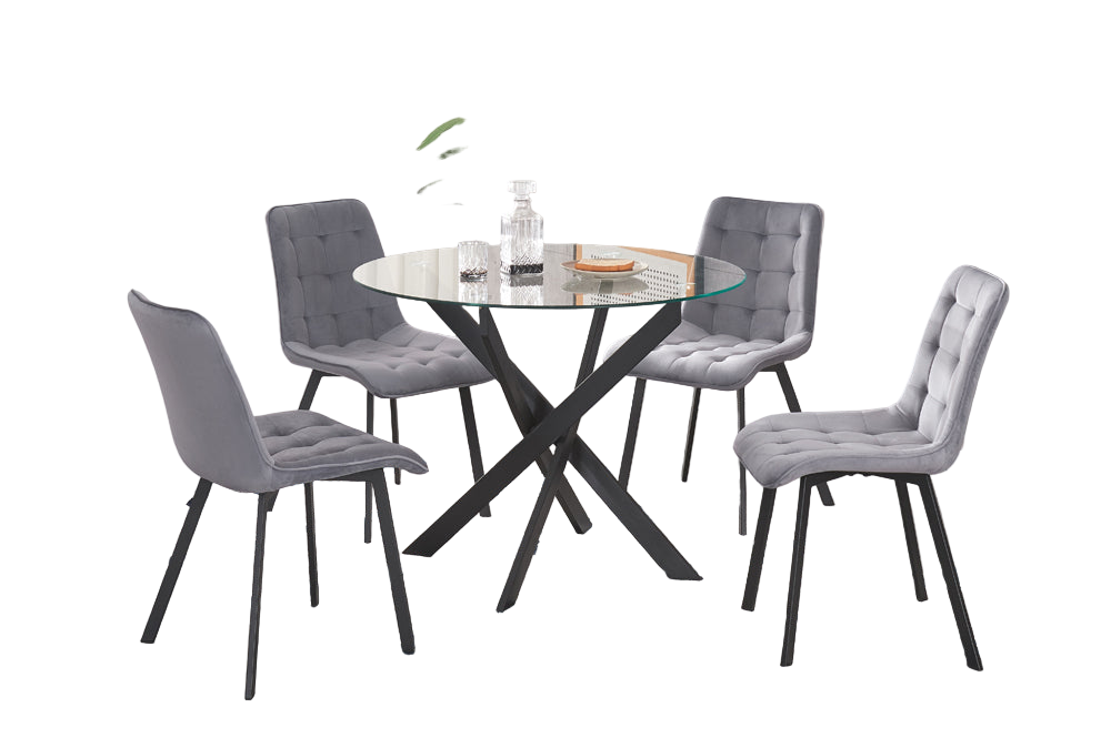 T3461-5-piece-Modern metal dining set with round glass table & grey tufted velvet chairs and black cross-hatch base