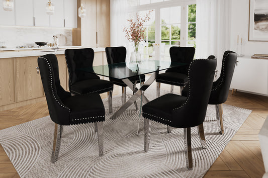 T3465 - 7PC Dining Set with Glass Table - Velvet Chair