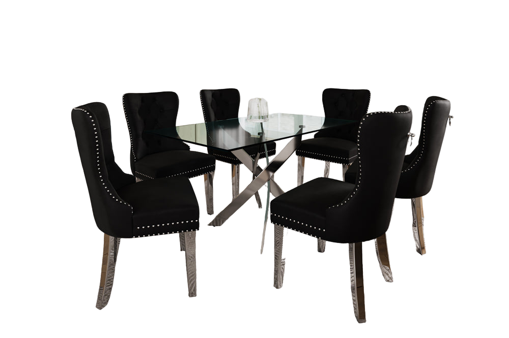 7-piece dining set with thick tempered glass table and cream, Black, grey velvet chairs featuring tufted backs, nailhead trim, and chrome legs.