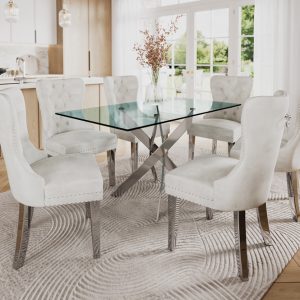 T3465 - 7PC Dining Set with Glass Table - Velvet Chair