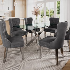 T3465 - 7PC Dining Set with Glass Table - Velvet Chair