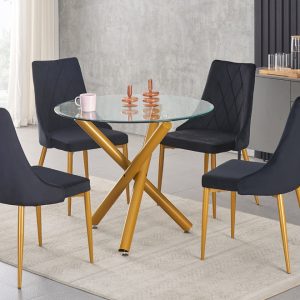 T3547 - 5PC Dining Set with Round Glass Table - Velvet Fabric Chair