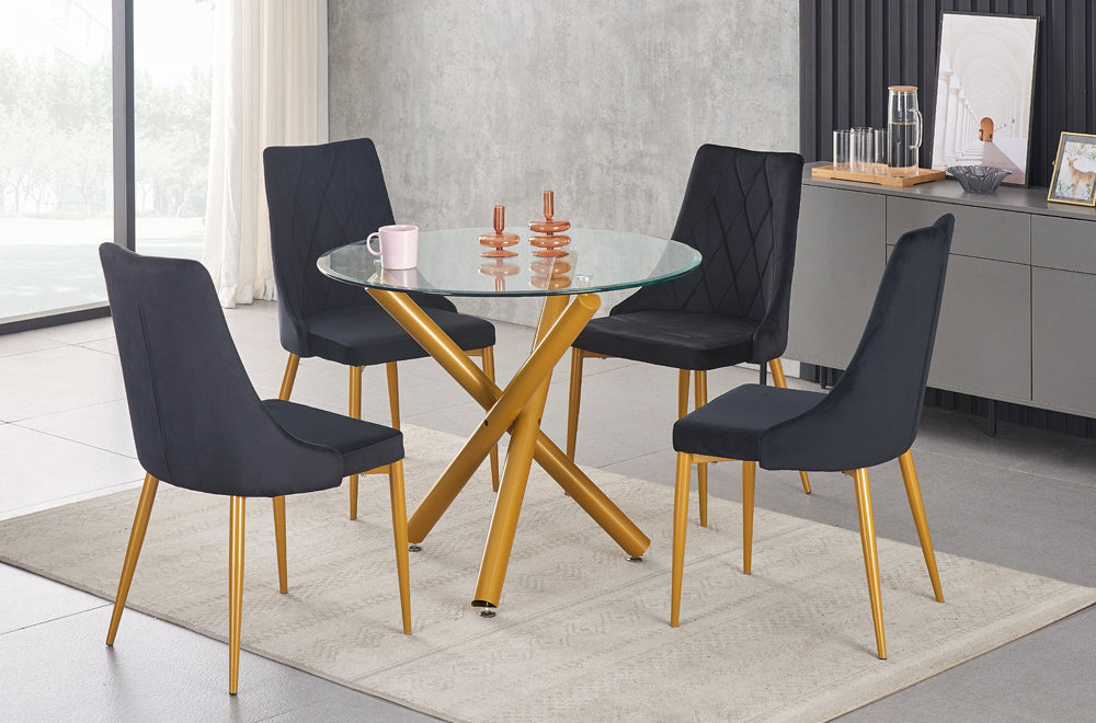 t3547 5 piece Modern round glass dining table with brushed gold legs and velvet-leatherette chairs in black, blue, and white colors.