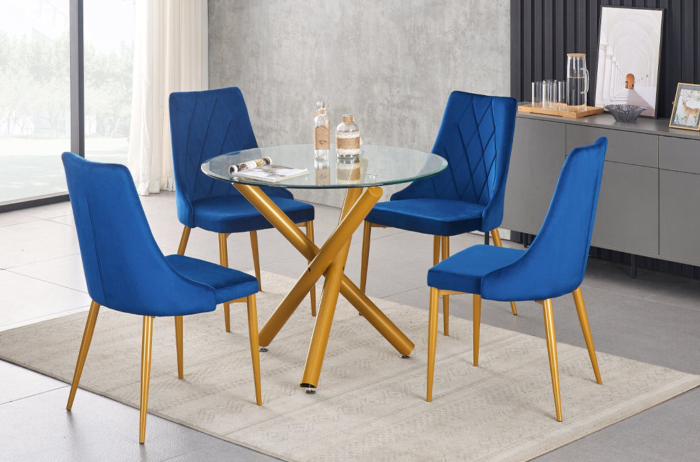 t3547 5 piece Modern round glass dining table with brushed gold legs and velvet-leatherette chairs in black, blue, and white colors.
