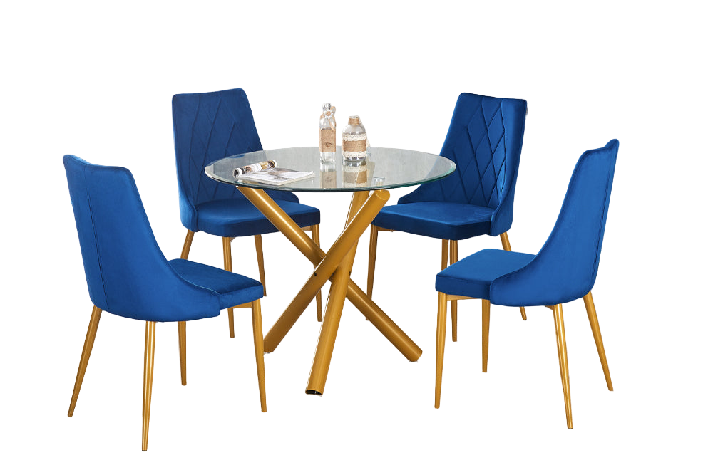 t3547 5 piece Modern round glass dining table with brushed gold legs and velvet-leatherette chairs in black, blue, and white colors.