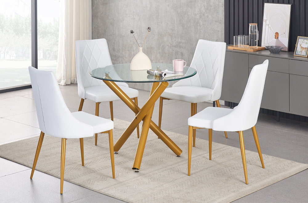 t3547 5 piece Modern round glass dining table with brushed gold legs and velvet-leatherette chairs in black, blue, and white colors.