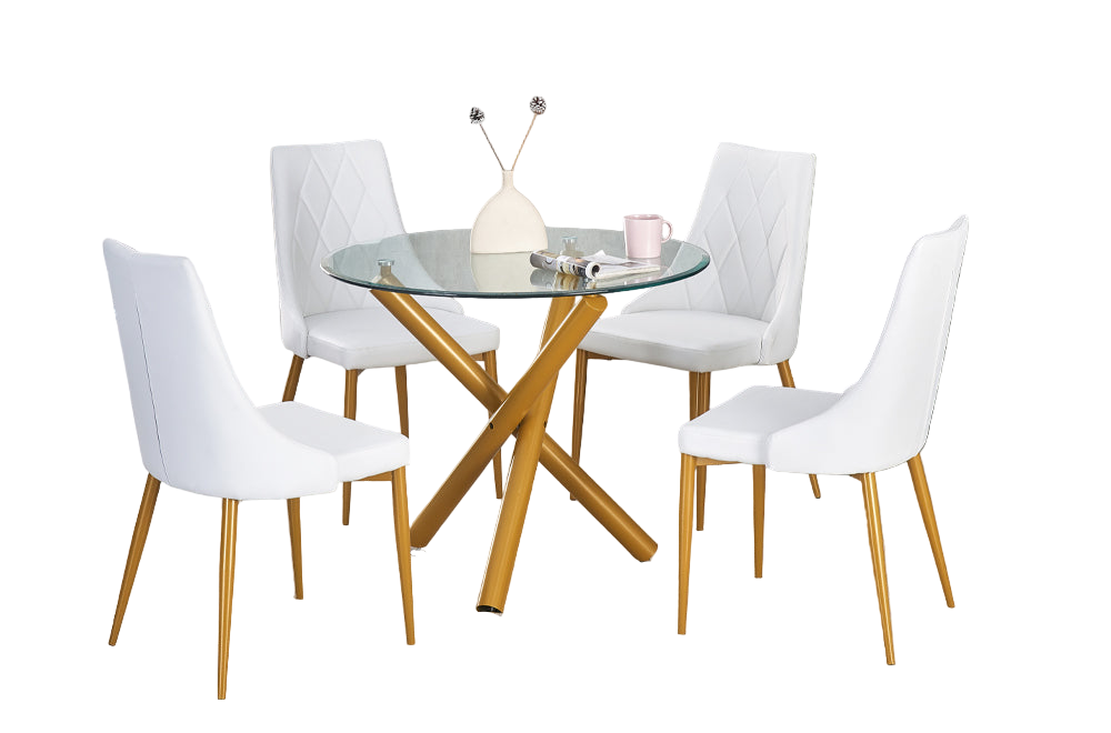 t3547 5 piece Modern round glass dining table with brushed gold legs and velvet-leatherette chairs in black, blue, and white colors.