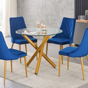 T3547 - 5PC Dining Set with Round Glass Table - Fabric Chair