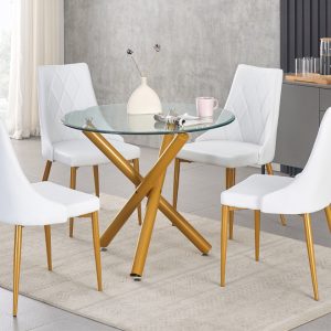 T3547 - 5PC Dining Set with Round Glass Table - Fabric Chair