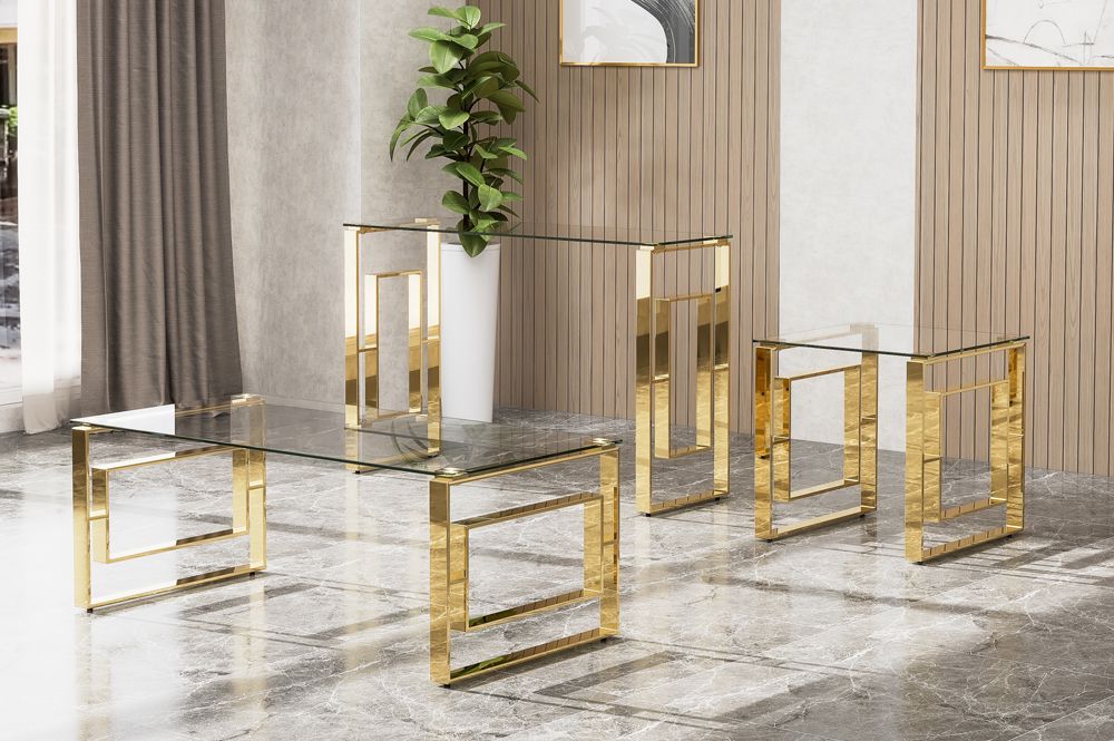 T5017 - 3 PC Glass Coffee Table Set - Gold