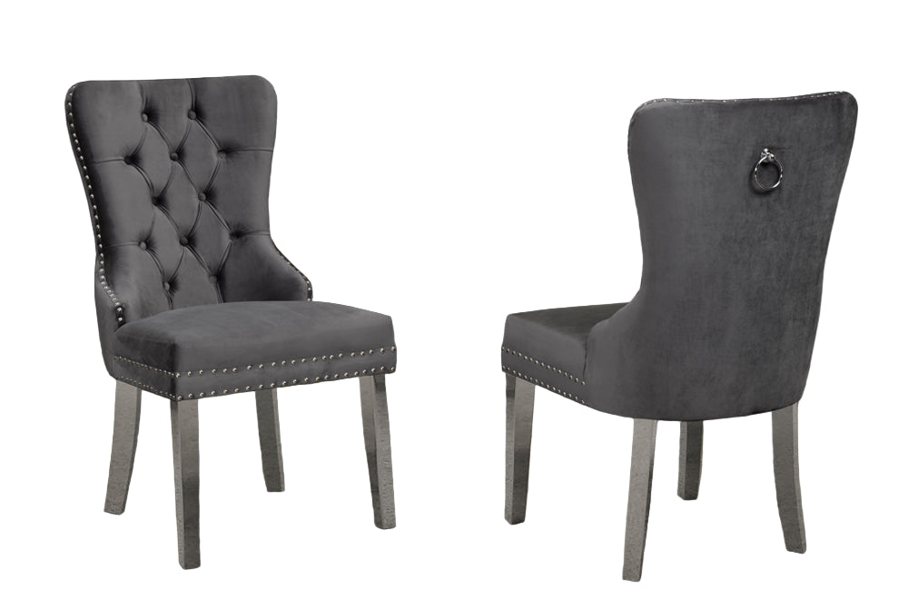 Tufted back velvet fabric Dining Chair with chrome Finish metal legs Grey T247